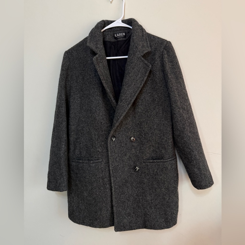 Karen Women’s 100% Wool Pea Coat - Black/Charcoal - Double Breasted - M/L